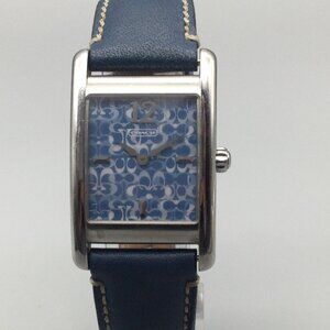 Coach Tank WatchWomen 25mm Silver Tone Blue Logo Dial Leather Band New Battery